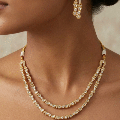 Kundan Double Layer Chain Necklace Set
