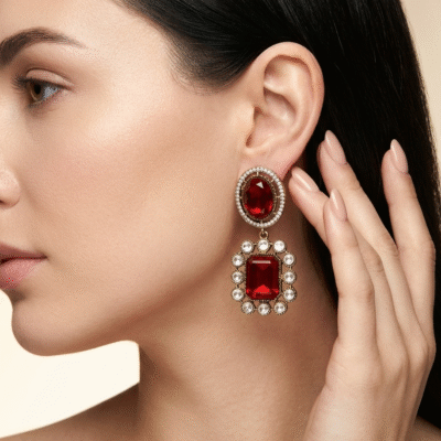 Gold Plated Rectangle Stone Drop Earrings