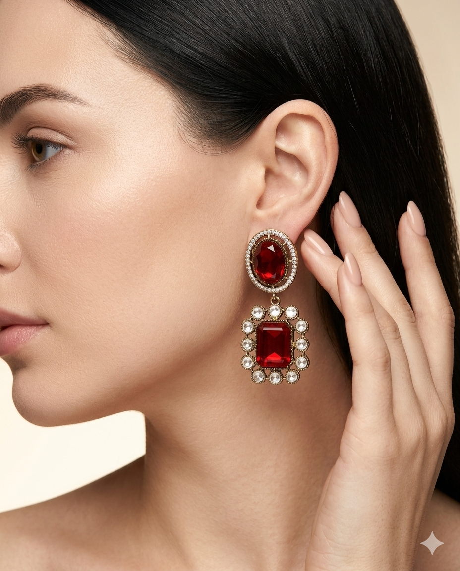 Gold Plated Rectangle Stone Drop Earrings