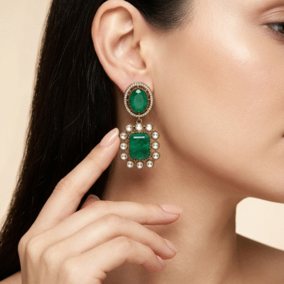 Gold Plated Rectangle Stone Drop Earrings