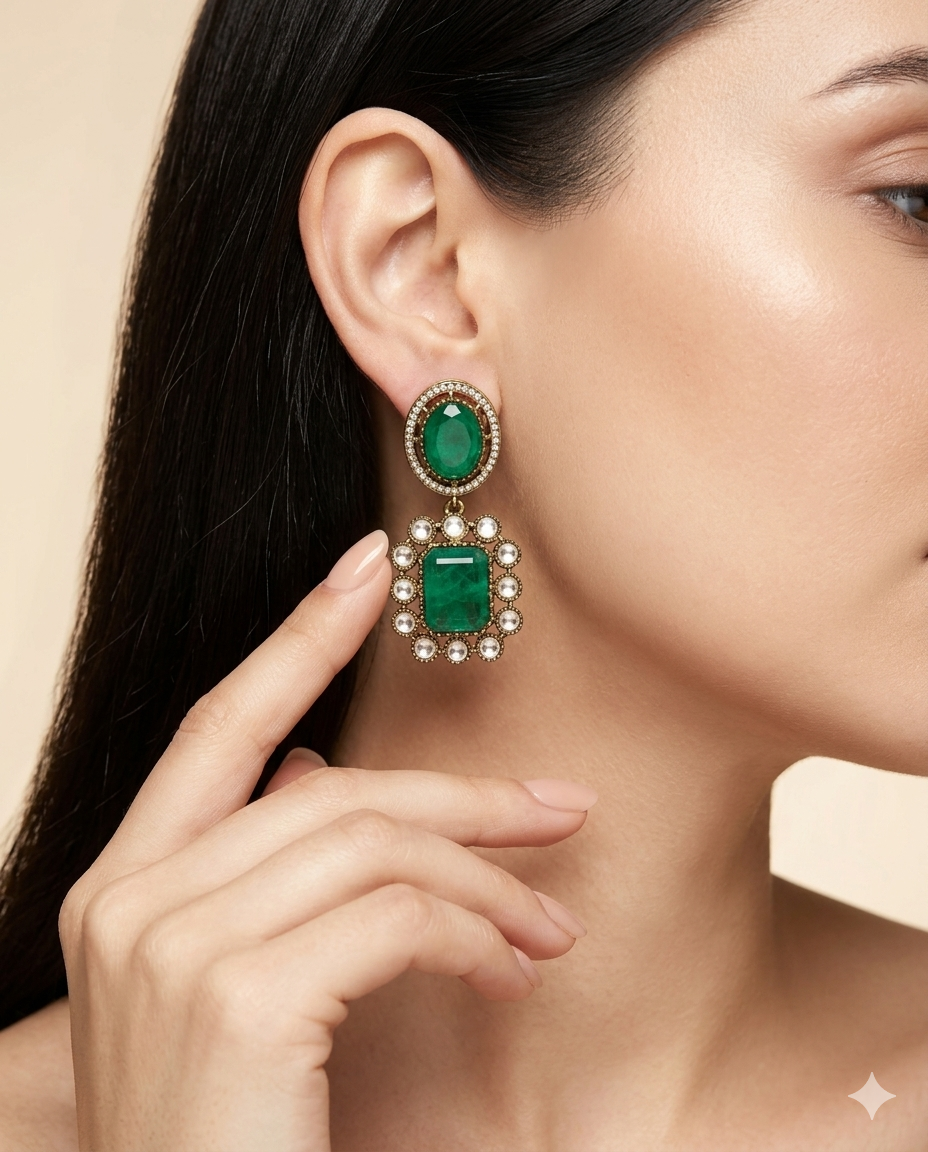 Gold Plated Rectangle Stone Drop Earrings