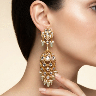 Kundan Chandbali Jhumka Earrings with Pearl & Bead Tassels