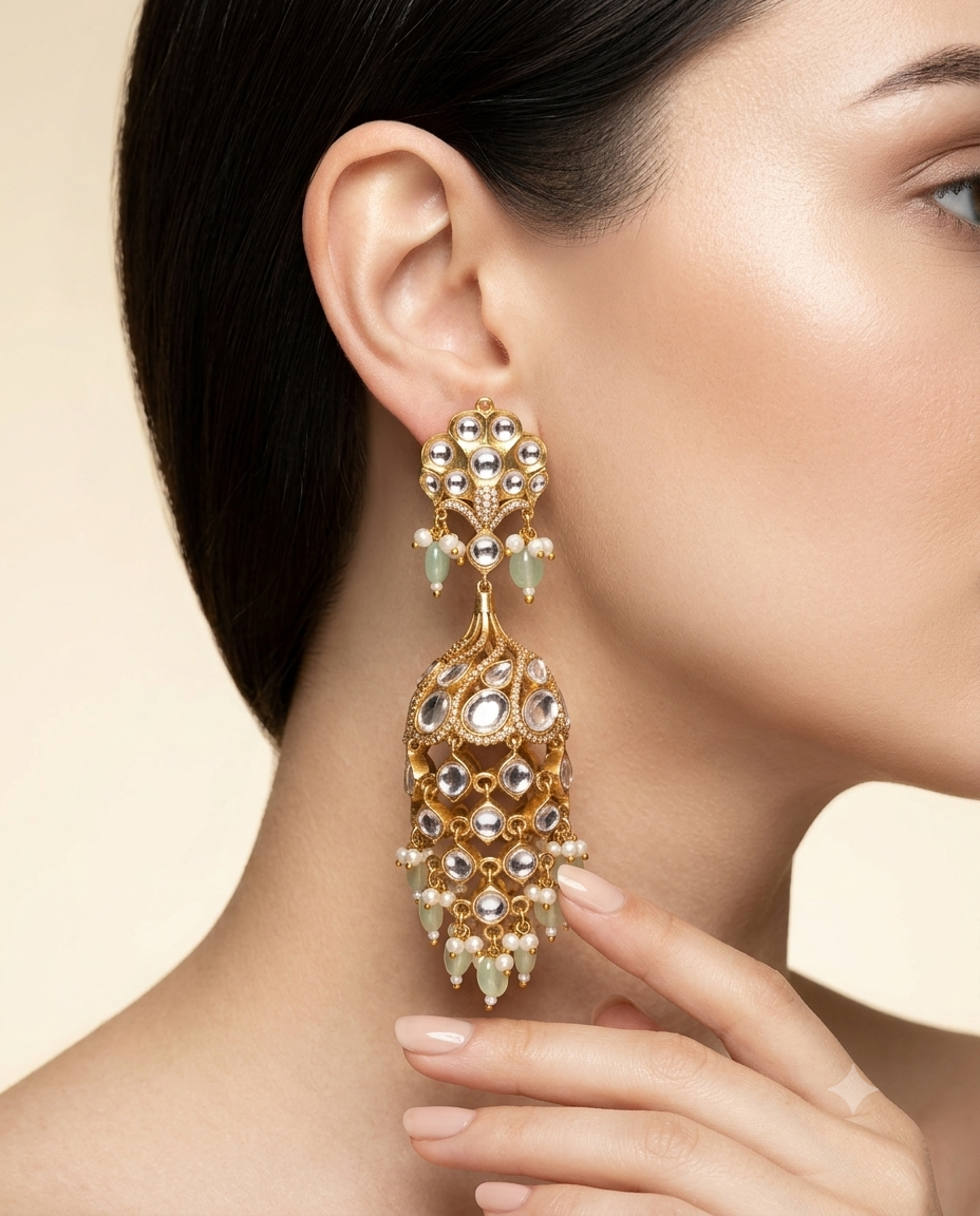 Kundan Chandbali Jhumka Earrings with Pearl & Bead Tassels