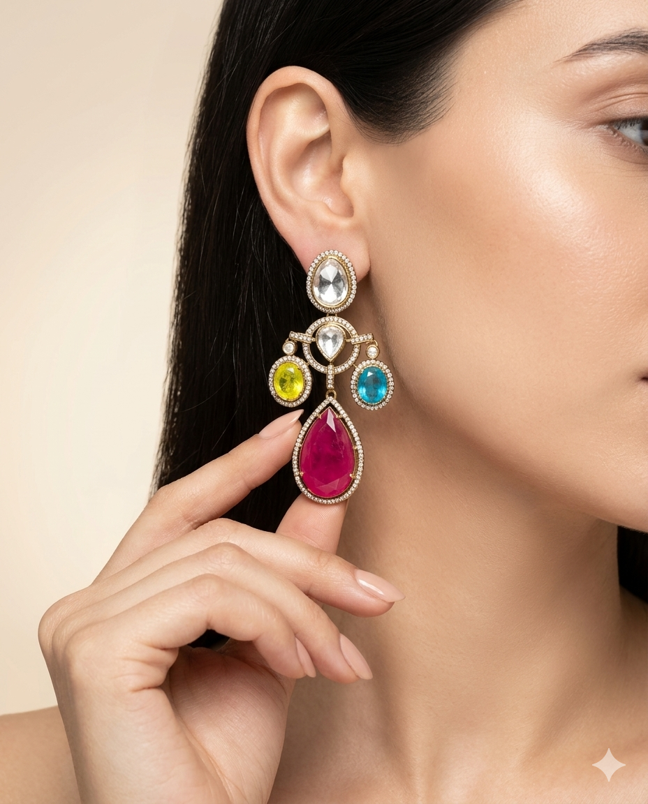 Gold Plated Multi-Color Stone Drop Earrings for Women, Party Wear