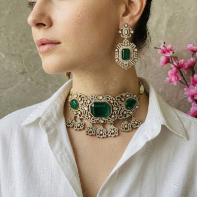 Emerald Kundan Choker Necklace Set