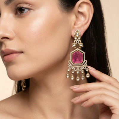 Gold Plated Pink Stone Chandelier Earrings for Women, Wedding Wear