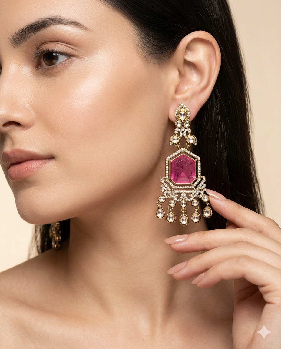 Gold Plated Pink Stone Chandelier Earrings for Women, Wedding Wear