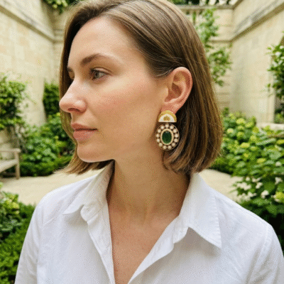 Gold Plated Green Stone Round Studded Earrings for Women