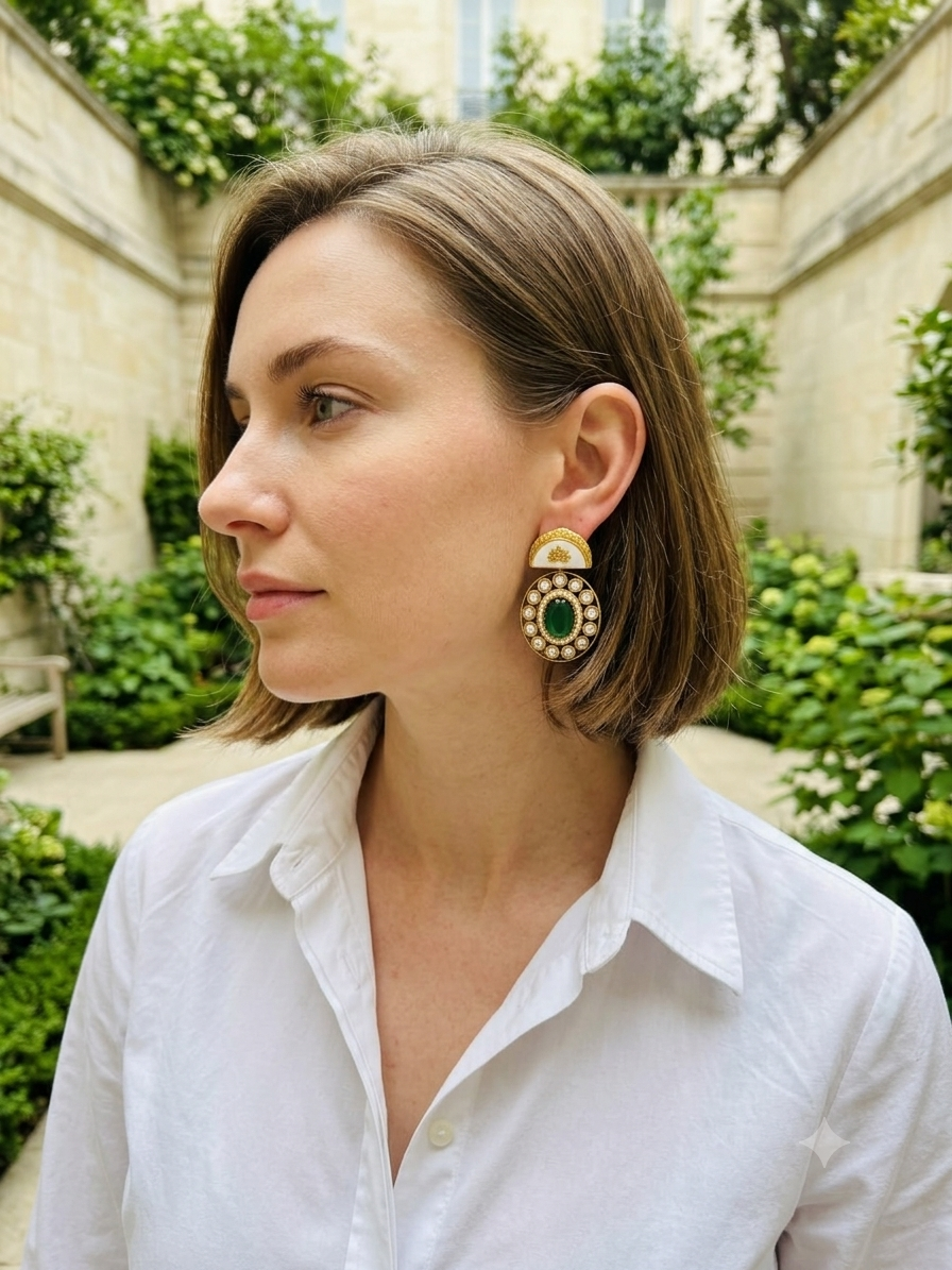 Gold Plated Green Stone Round Studded Earrings for Women