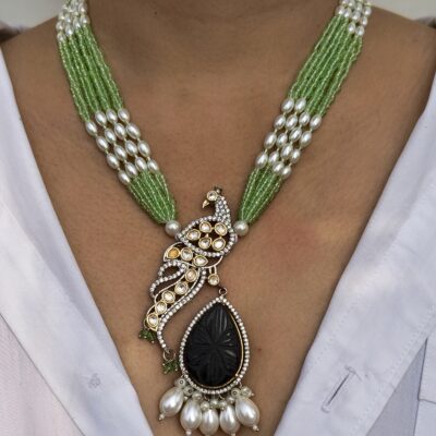 Peacock Pendant Necklace With Black Onyx And Green Beads