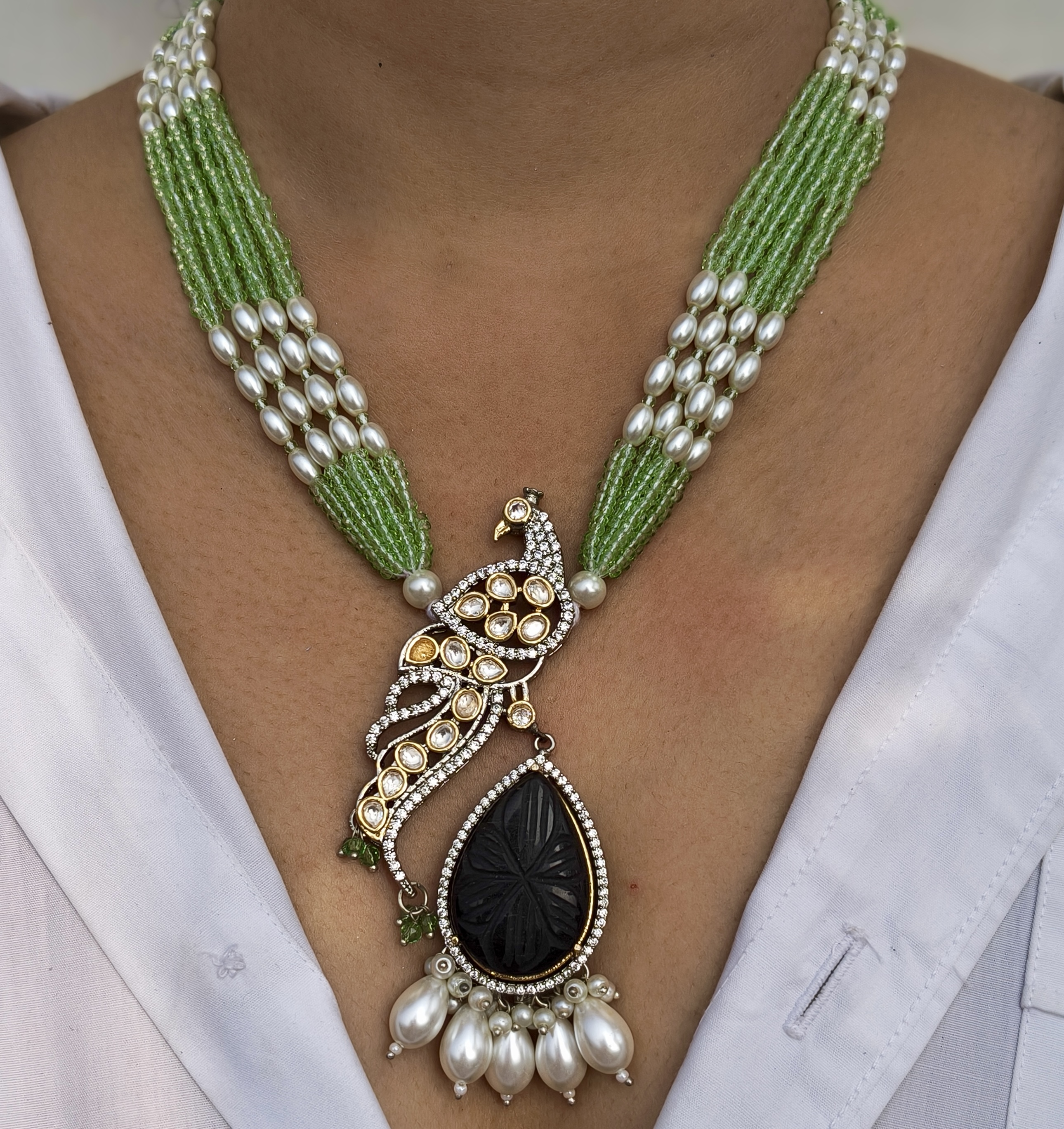 Peacock Pendant Necklace With Black Onyx And Green Beads