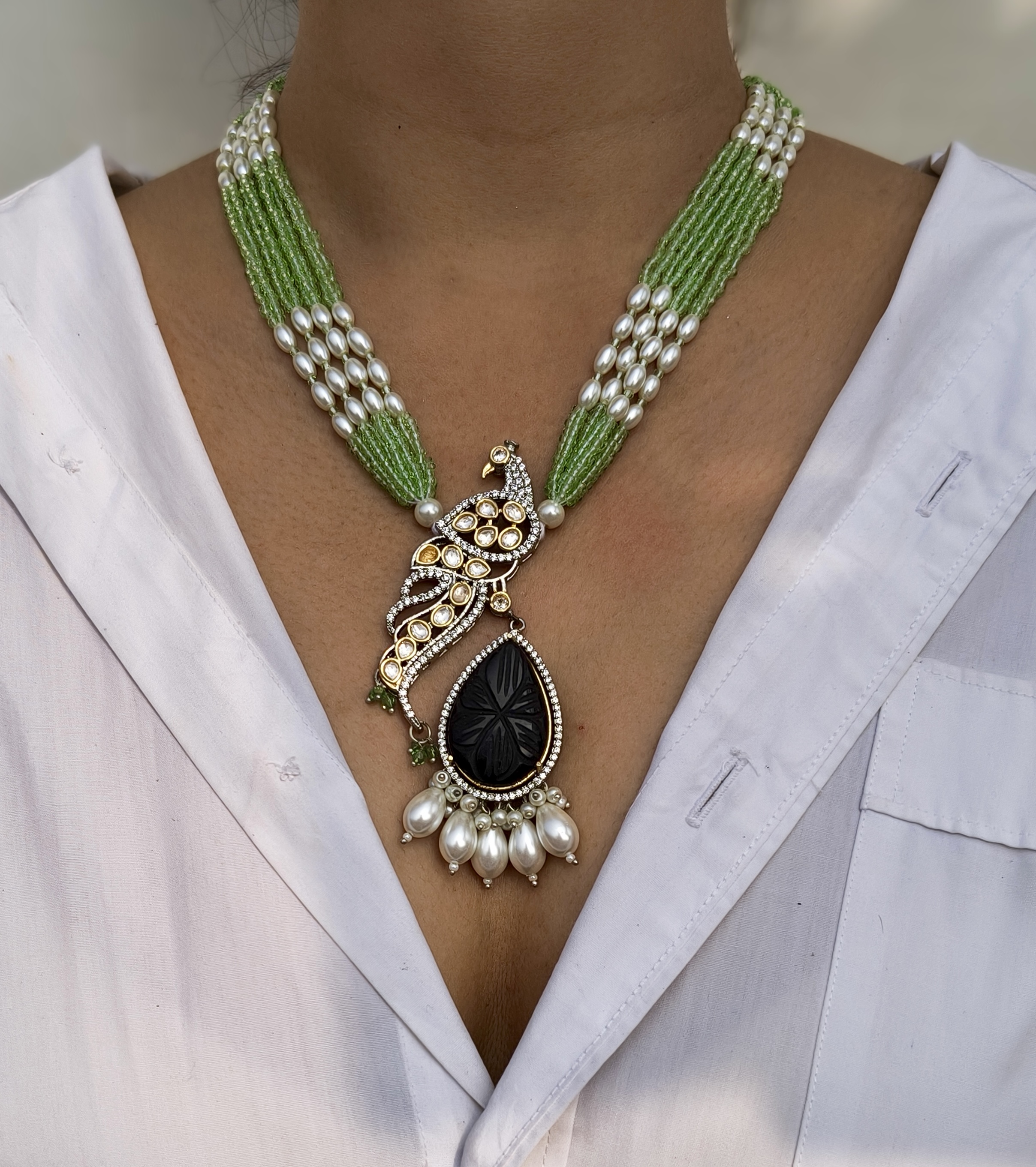 Peacock Pendant Necklace With Black Onyx And Green Beads - Image 3