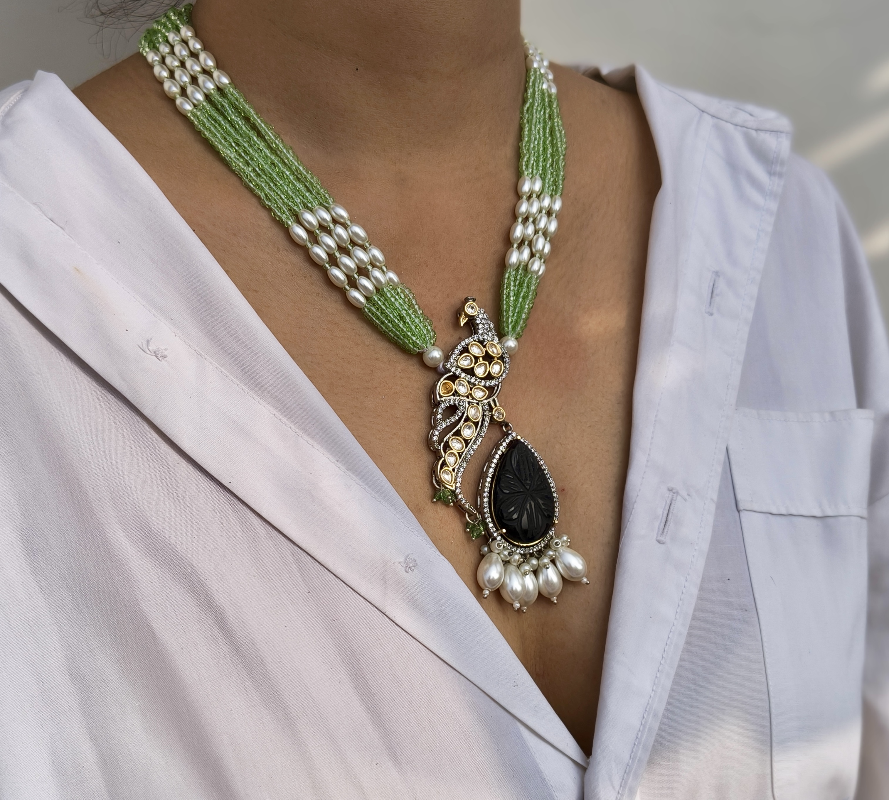 Peacock Pendant Necklace With Black Onyx And Green Beads - Image 2