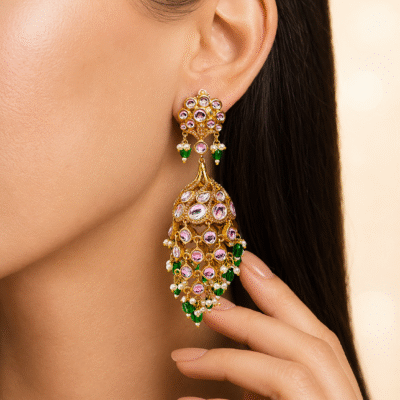 Kundan Chandbali Jhumka Earrings with Pearl & Bead Tassels