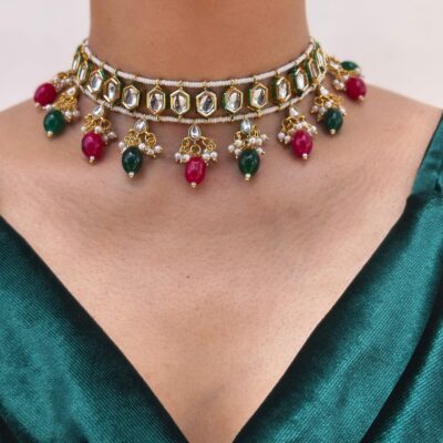 Kundan Meenakari Choker With Ruby-Red And Emerald-Green Bead Drops