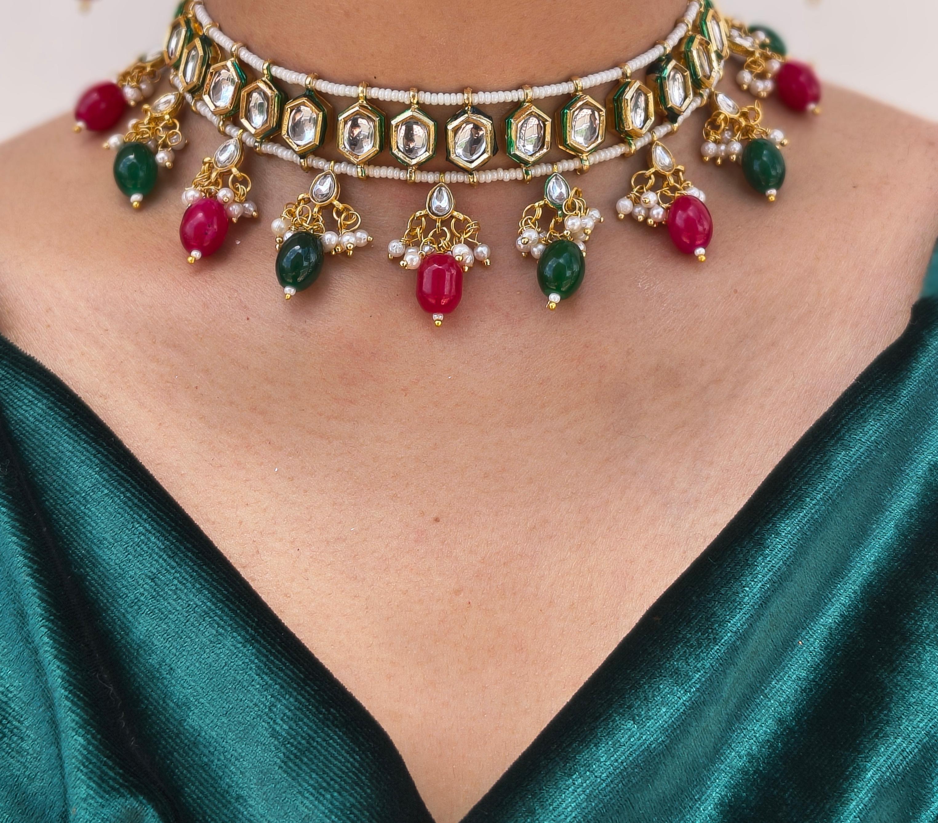 Kundan Meenakari Choker With Ruby-Red And Emerald-Green Bead Drops - Image 2