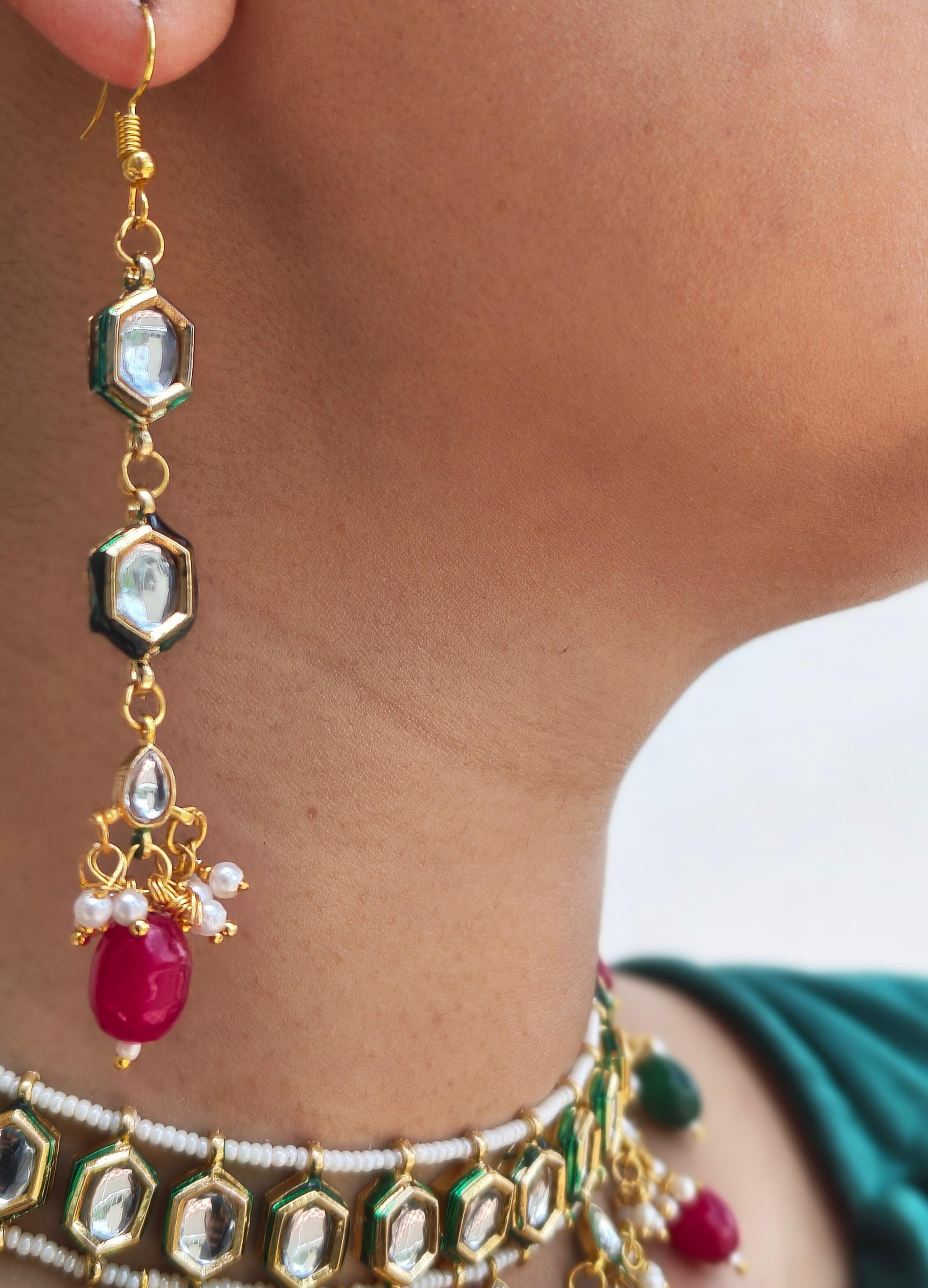 Kundan Meenakari Choker With Ruby-Red And Emerald-Green Bead Drops - Image 3