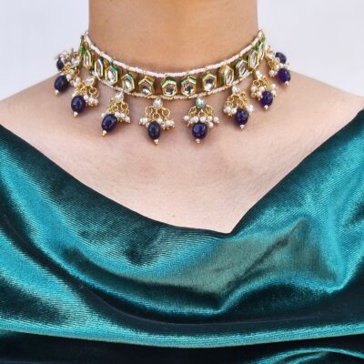 Kundan Meenakari Choker With Amethyst Drops, Matching Earrings