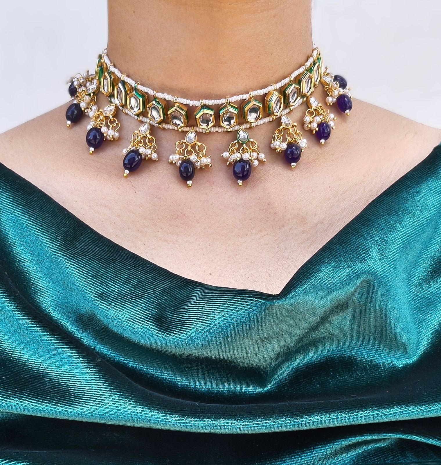 Kundan Meenakari Choker With Amethyst Drops, Matching Earrings