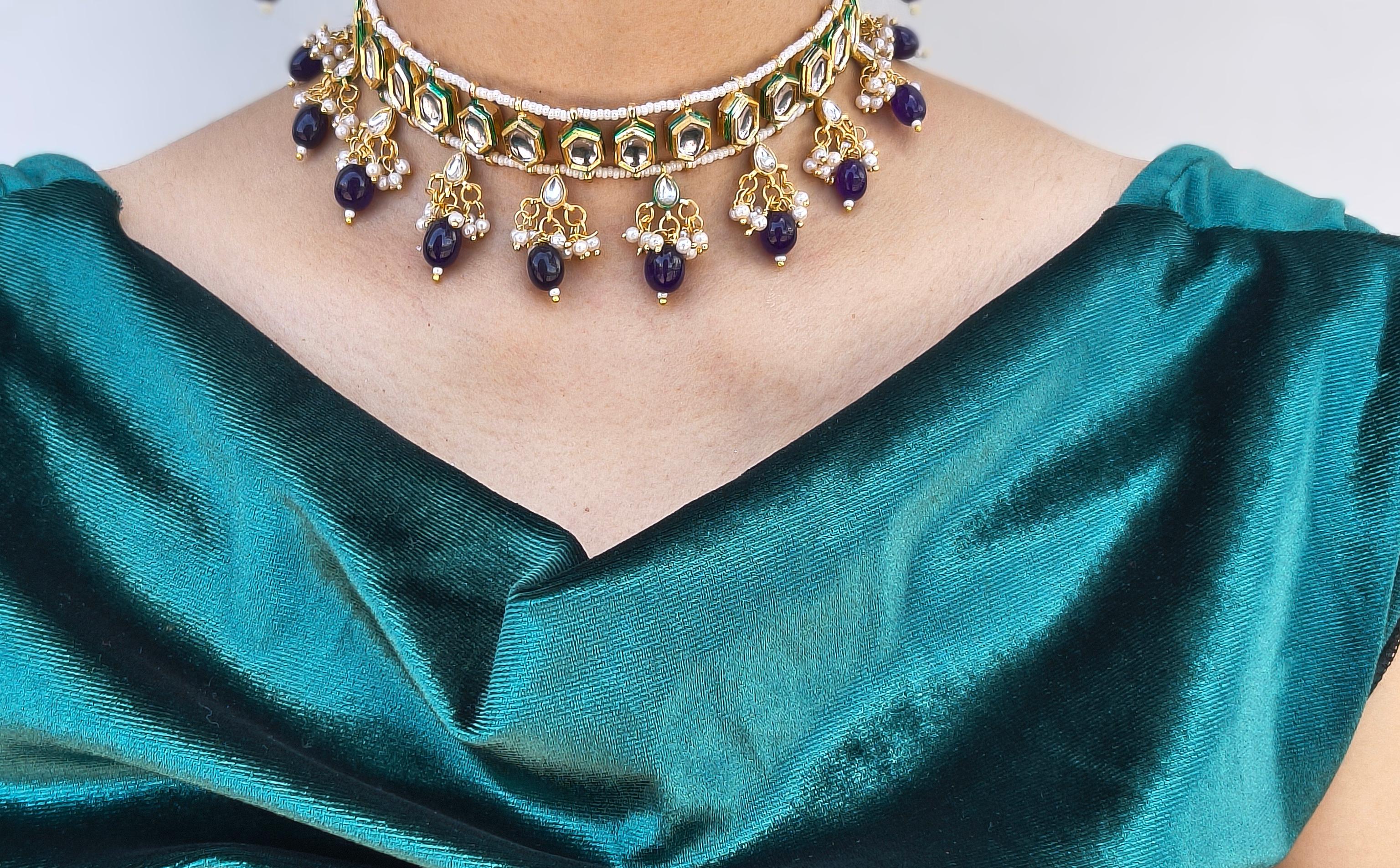 Kundan Meenakari Choker With Amethyst Drops, Matching Earrings - Image 3