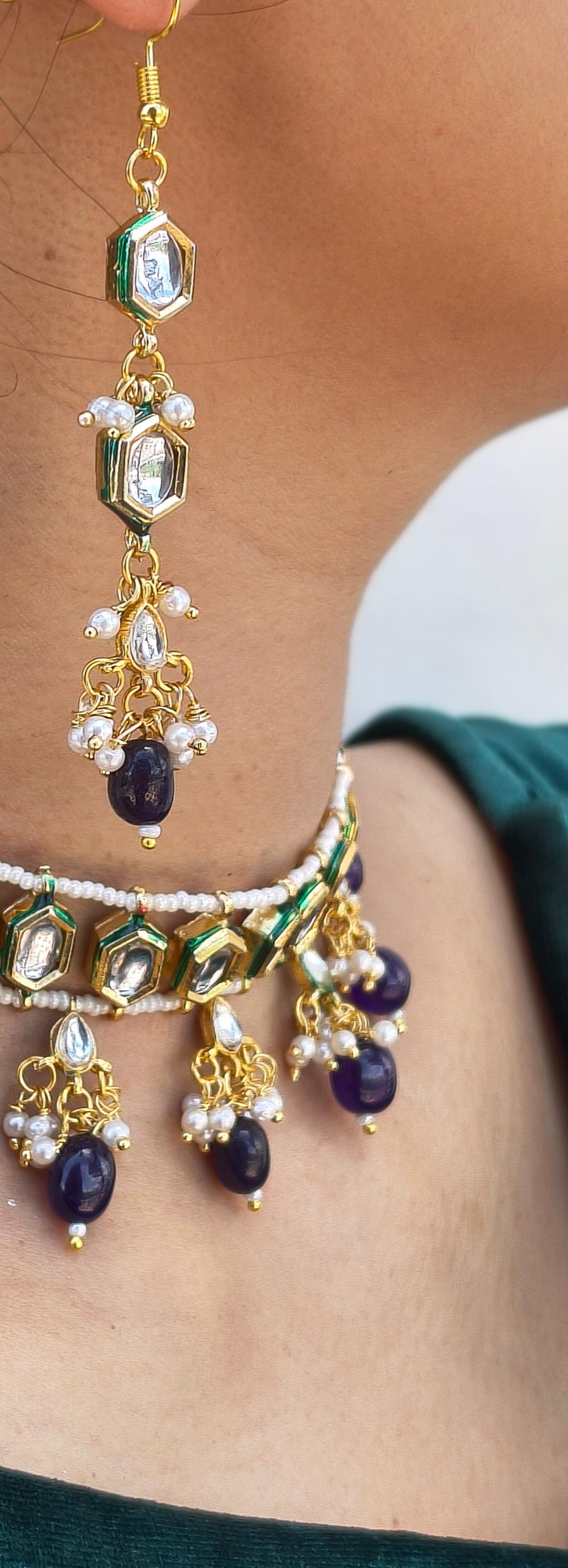 Kundan Meenakari Choker With Amethyst Drops, Matching Earrings - Image 5