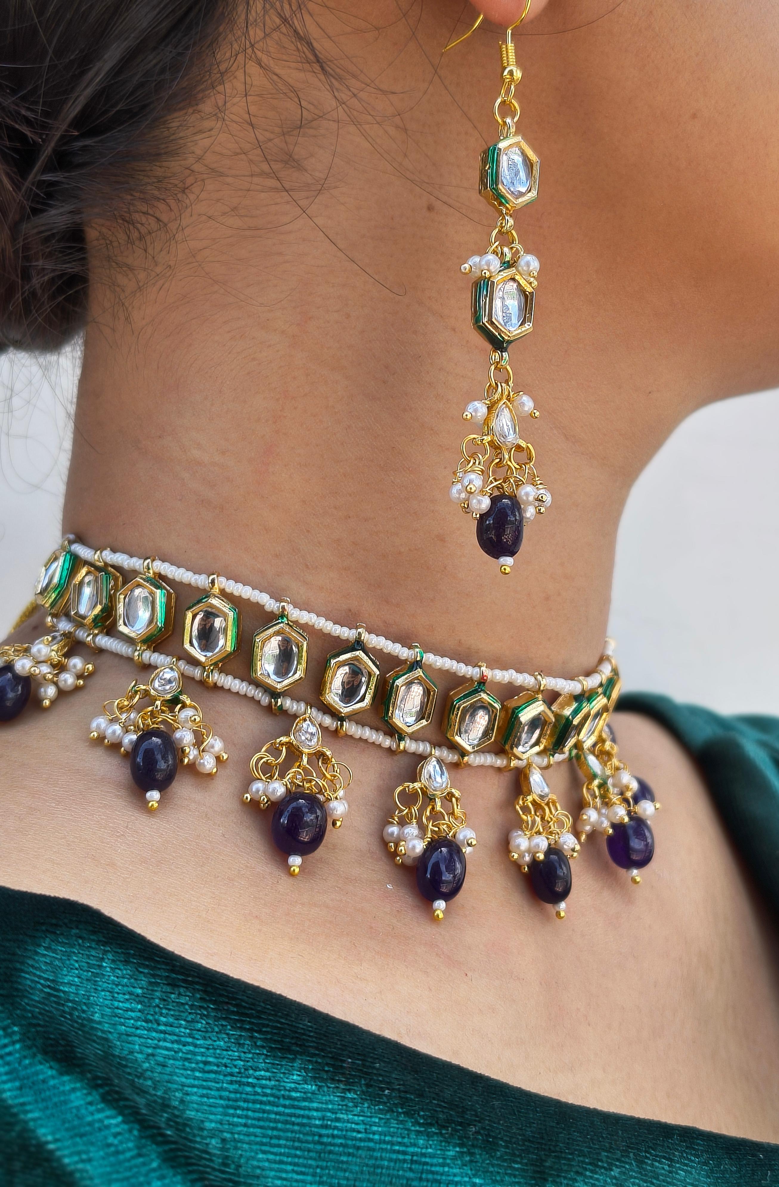 Kundan Meenakari Choker With Amethyst Drops, Matching Earrings - Image 4
