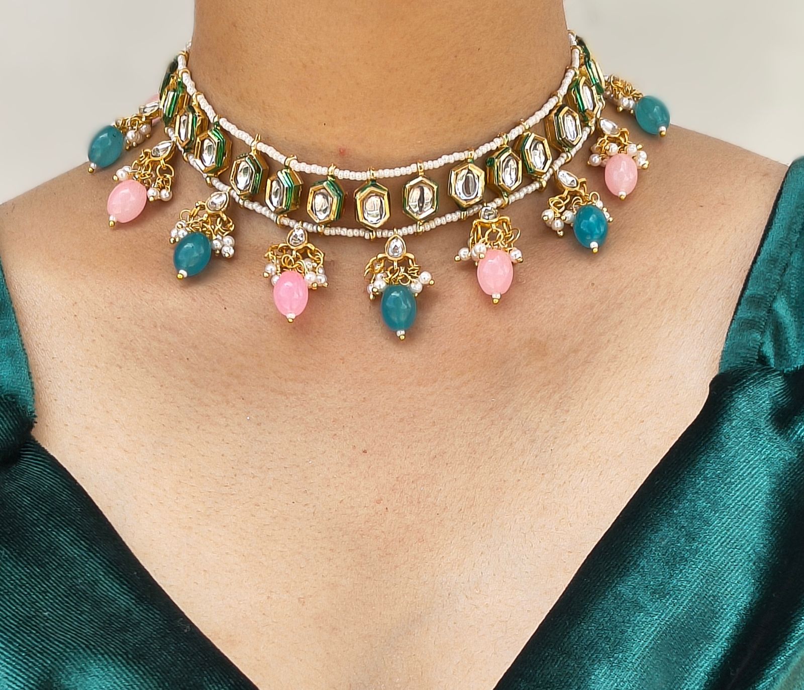 Kundan Choker With Pink And Teal Beaded Drops - Image 8