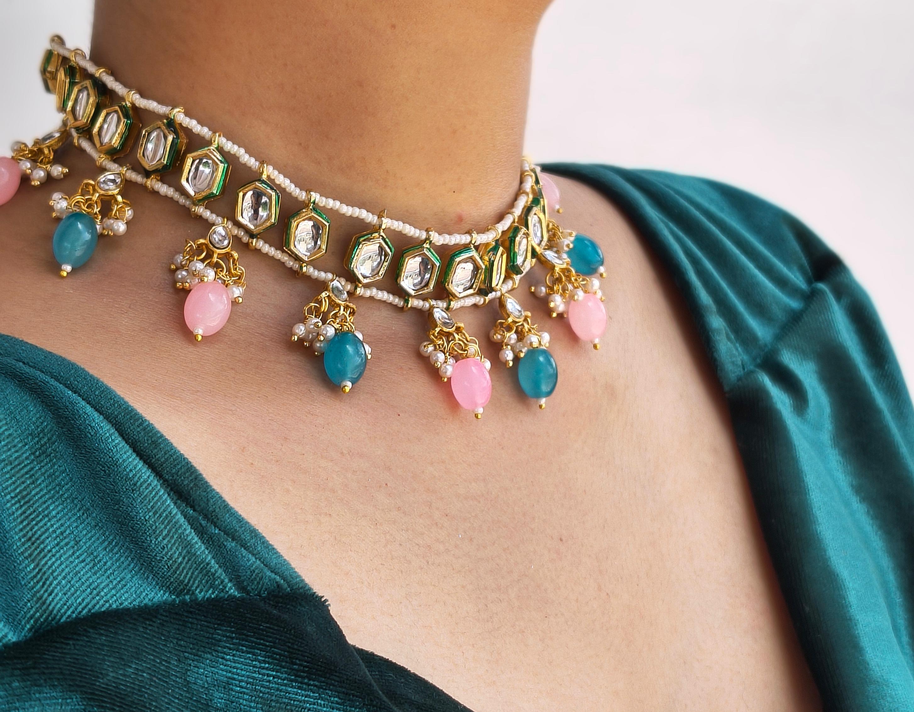 Kundan Choker With Pink And Teal Beaded Drops - Image 7