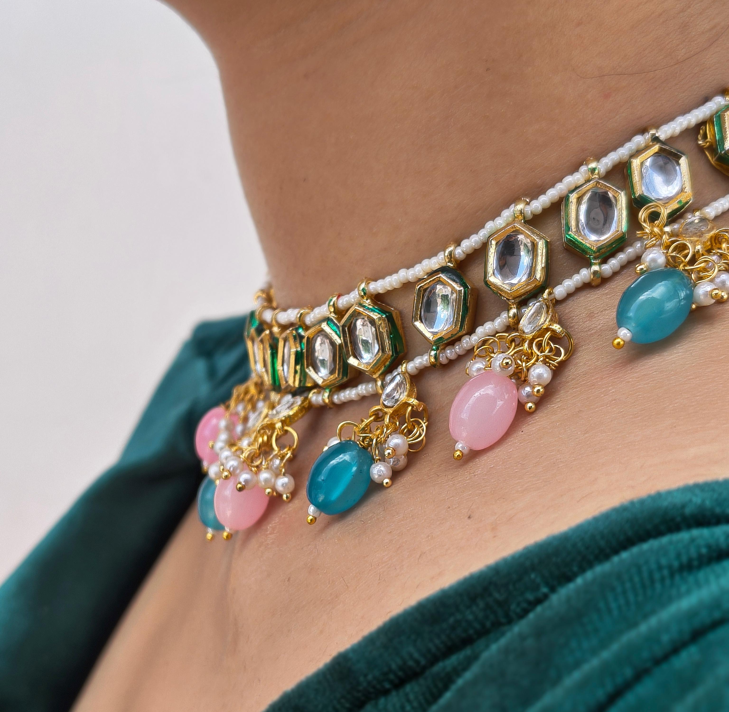 Kundan Choker With Pink And Teal Beaded Drops - Image 6