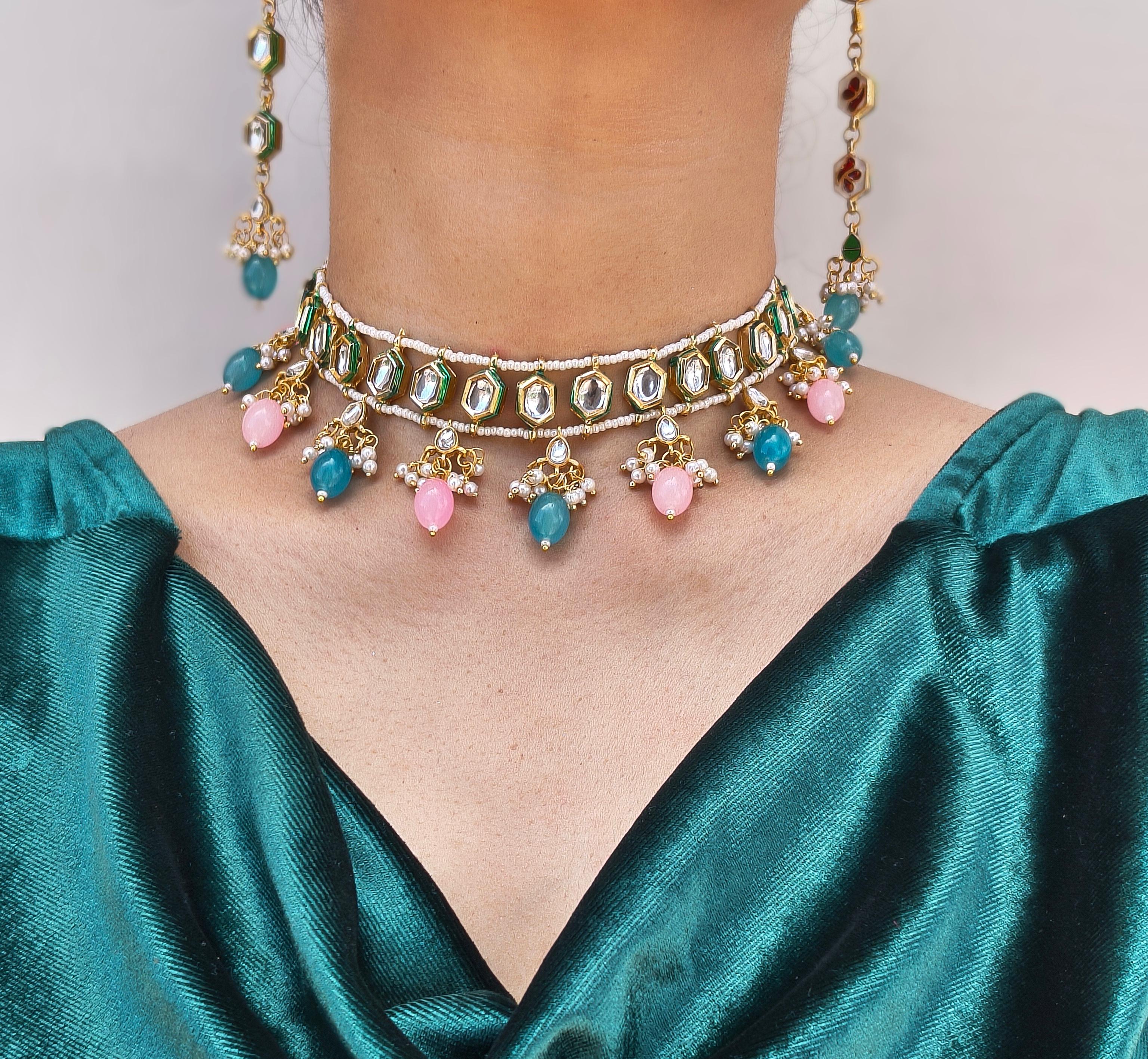 Kundan Choker With Pink And Teal Beaded Drops