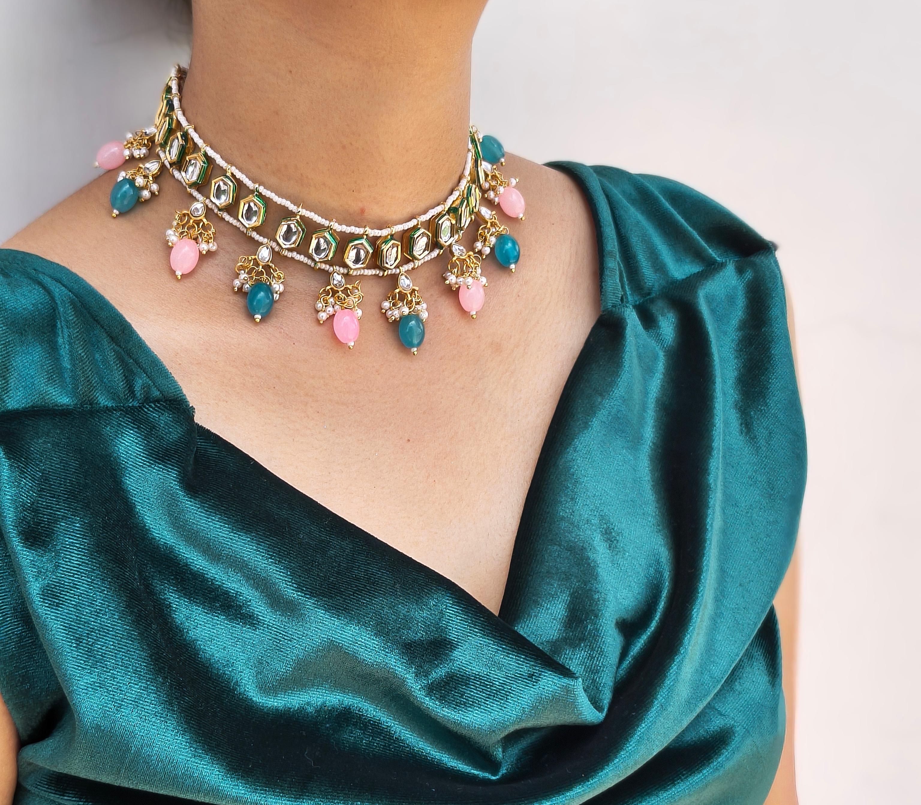 Kundan Choker With Pink And Teal Beaded Drops - Image 4