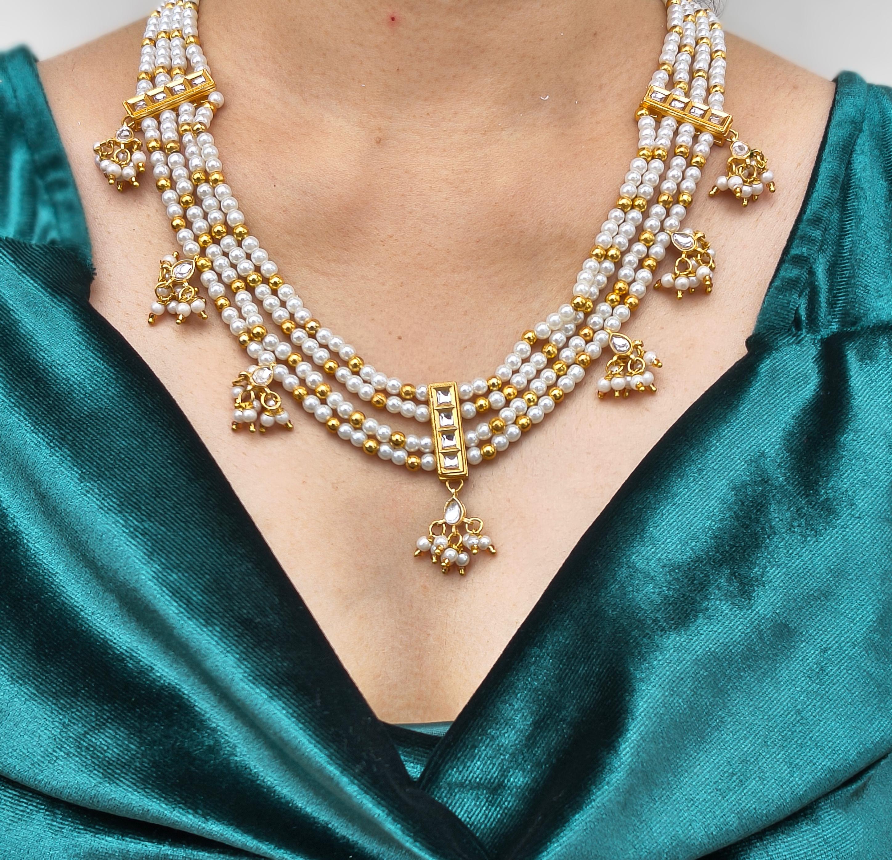 Multi-strand pearl & gold bead necklace with kundan drops - Image 3