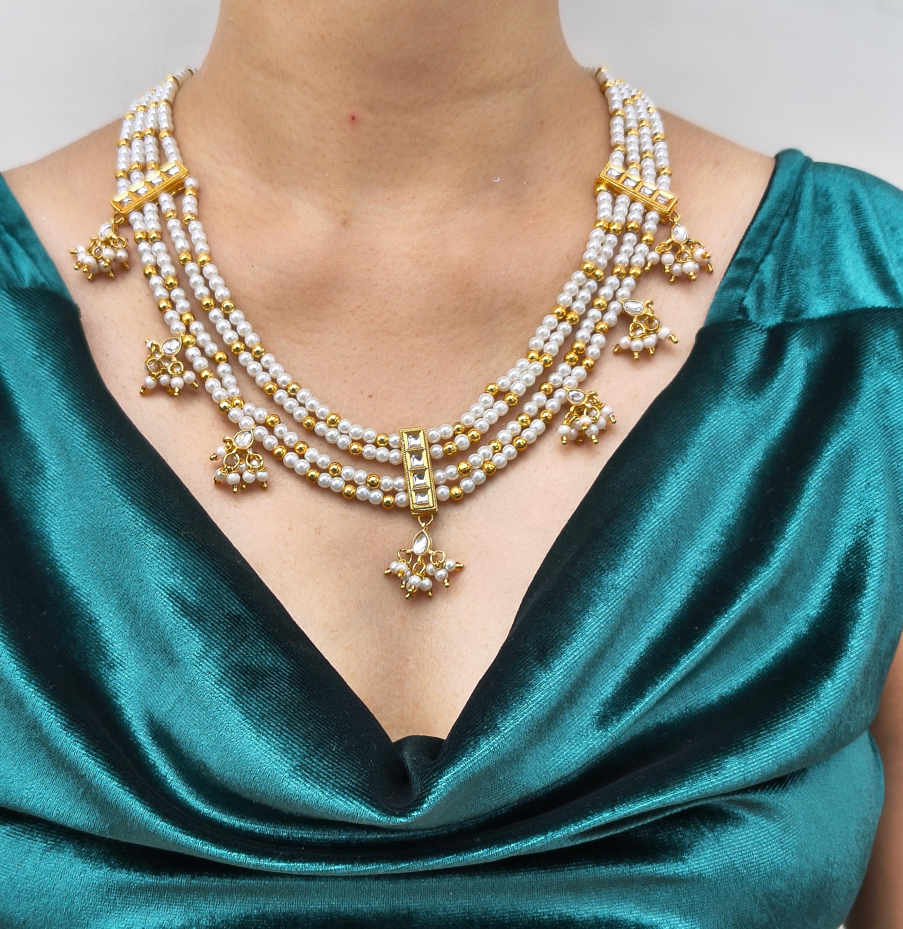 Multi-strand pearl & gold bead necklace with kundan drops