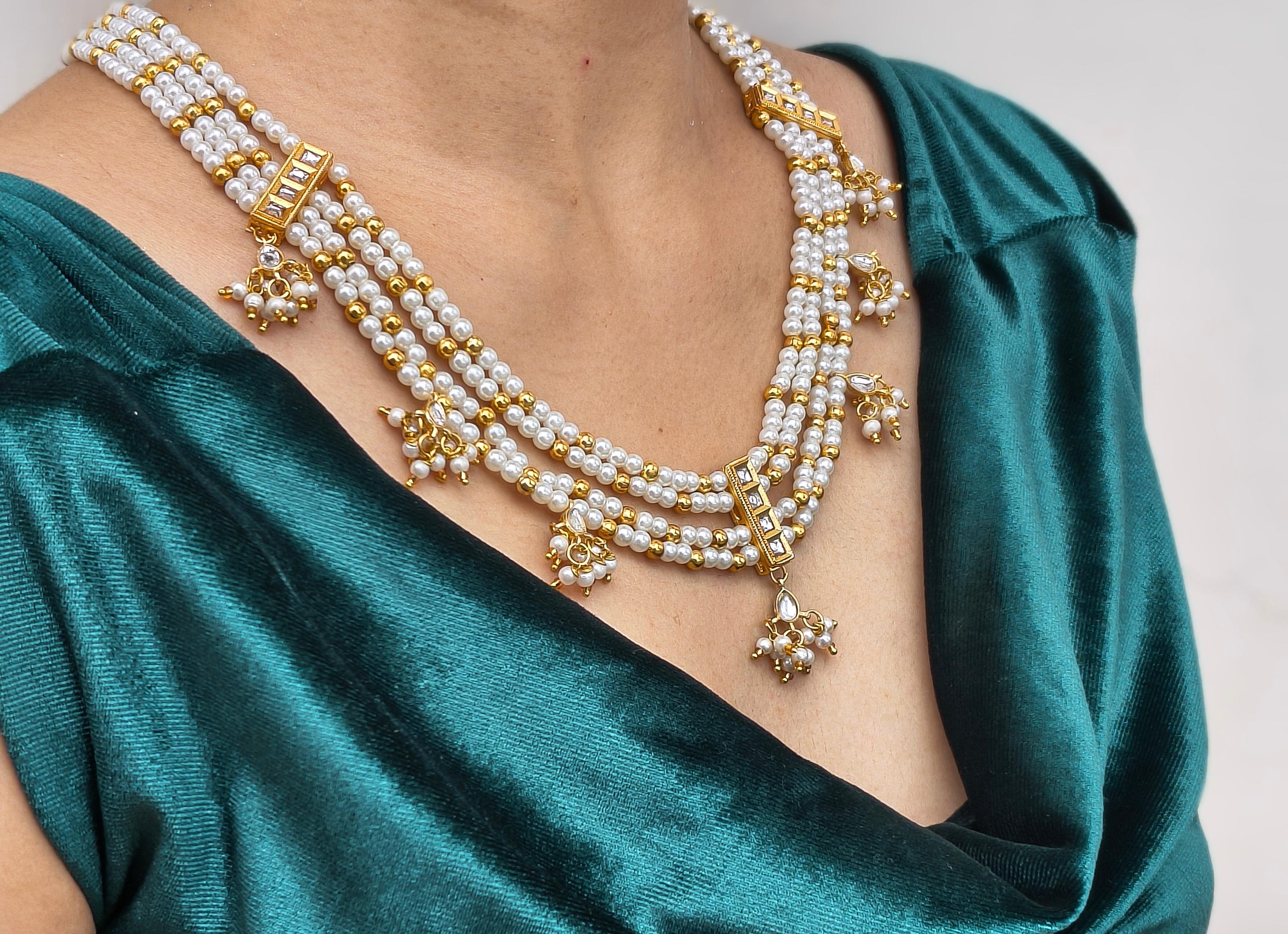Multi-strand pearl & gold bead necklace with kundan drops - Image 4