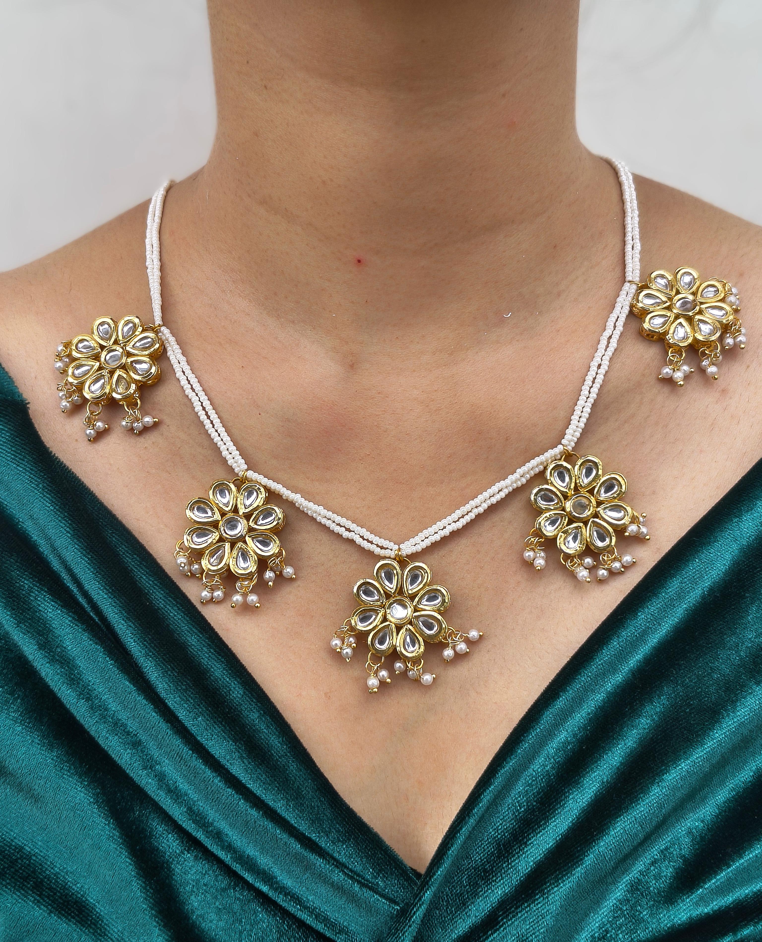 Pearl chain necklace with kundan flower charms