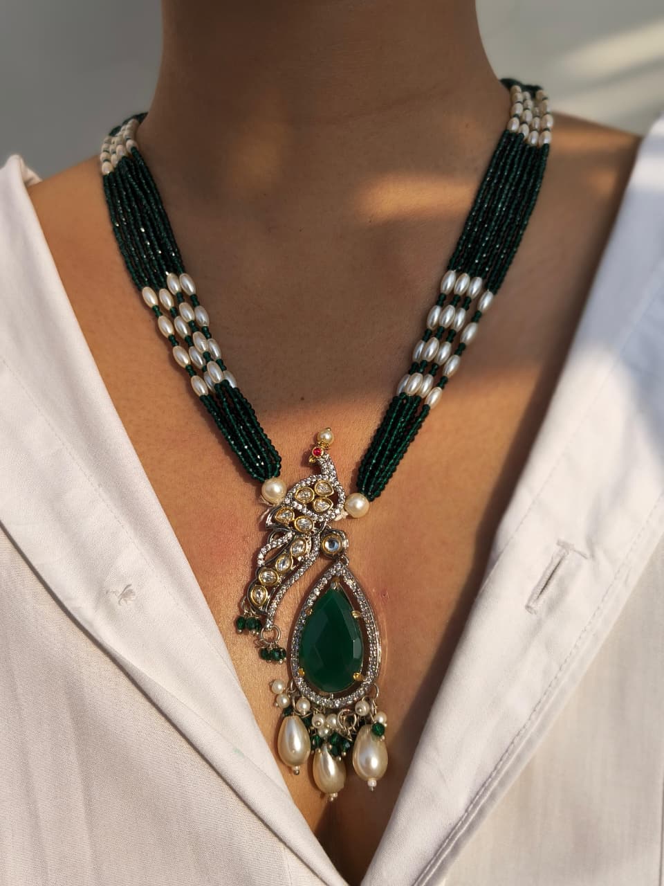 Peacock Pendant Necklace With Green Onyx And Pearl Beads - Image 2