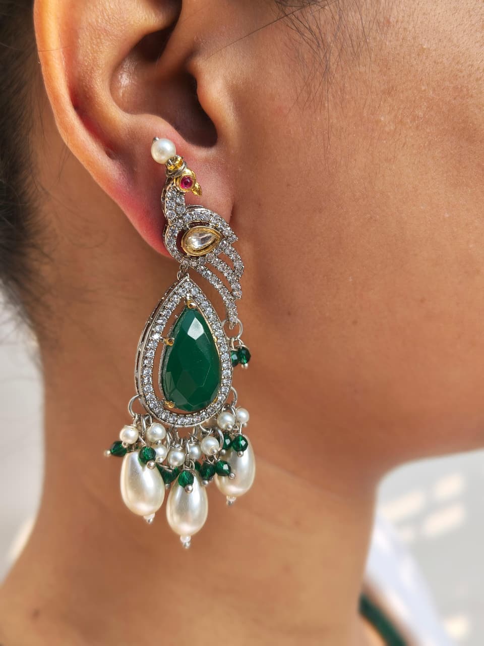 Peacock Pendant Necklace With Green Onyx And Pearl Beads - Image 3
