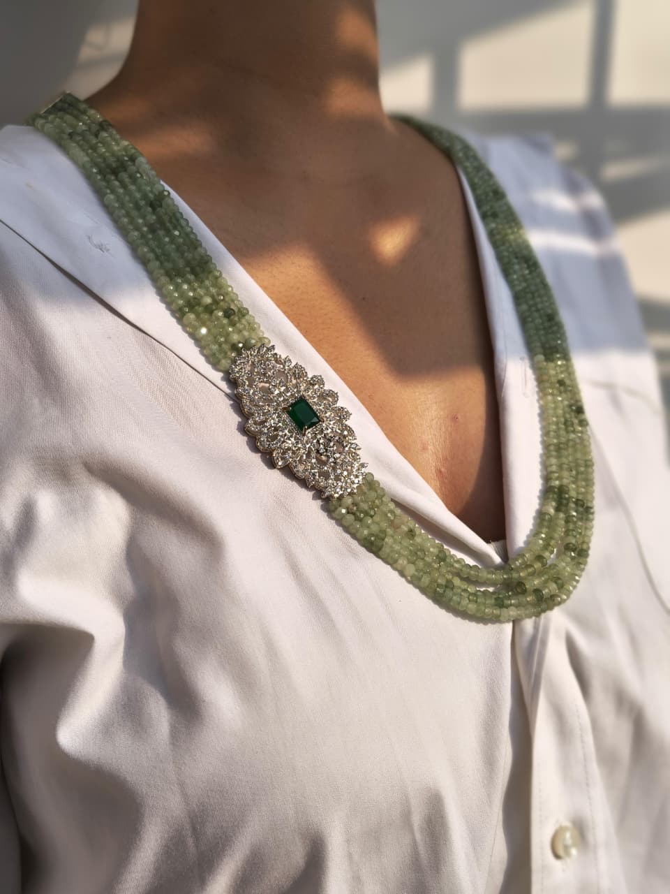 Multi-Strand Green Beaded Necklace With Emerald Diamond Brooch, Matching Earring - Image 2