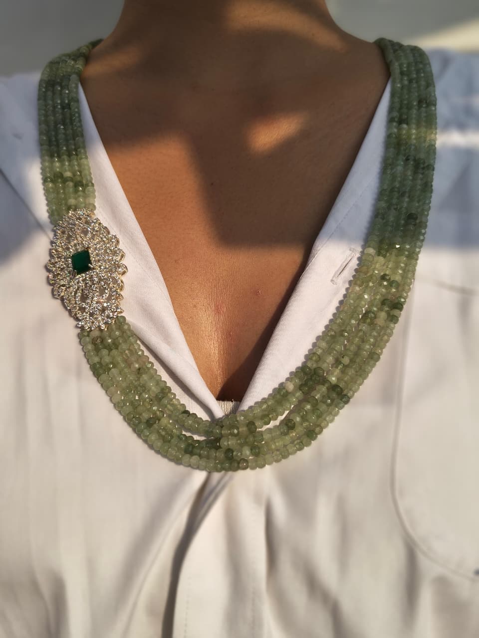 Multi-Strand Green Beaded Necklace With Emerald Diamond Brooch, Matching Earring