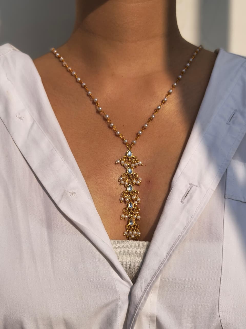 Kundan Pearl Pendant Necklace With Pearl Bead Chain