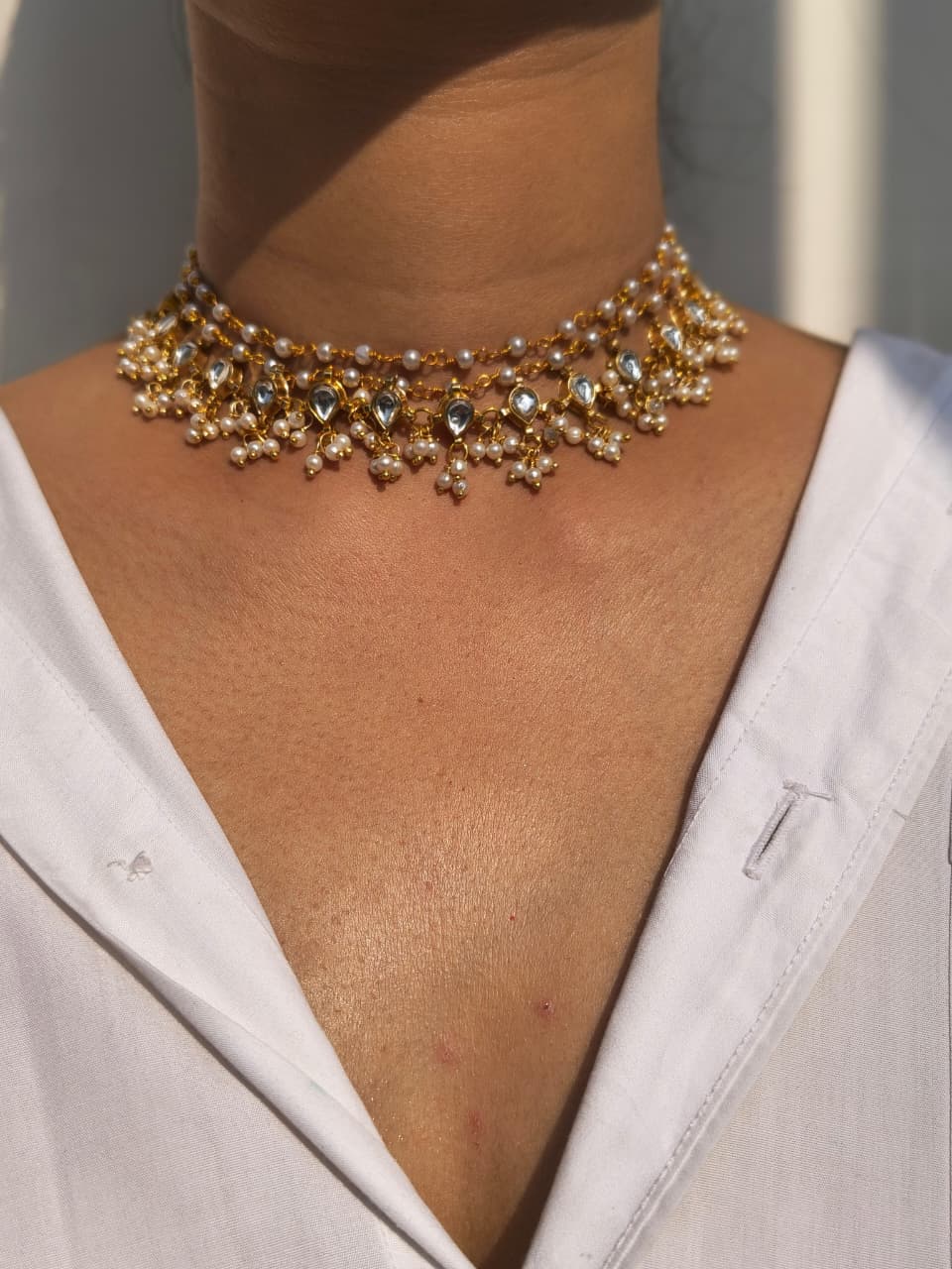 Pearl Beaded Choker With Kundan Drop Pendants