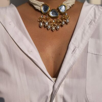 Kundan Statement Choker With Pearl Strand And Drops, Matching Earring