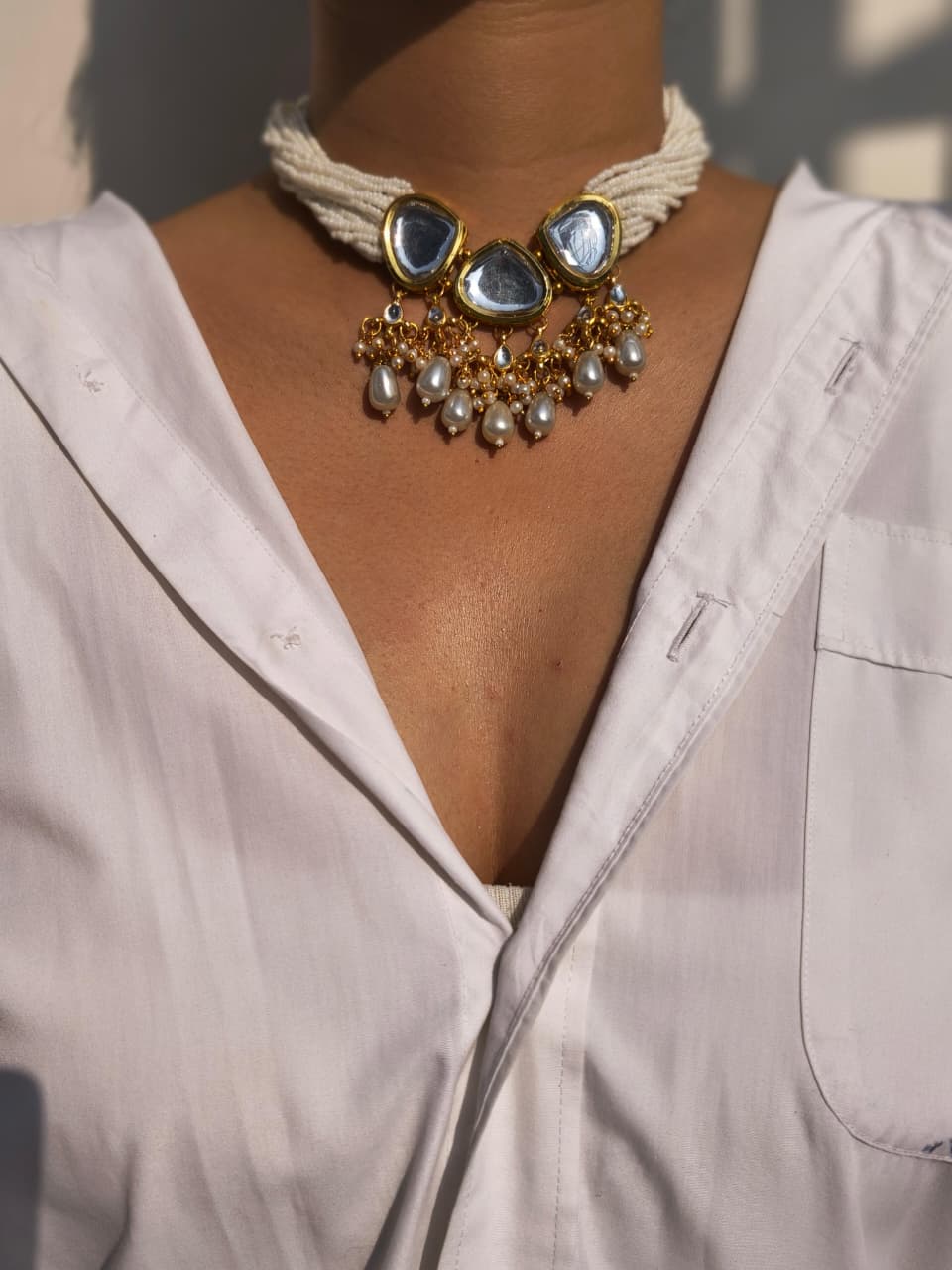 Kundan Statement Choker With Pearl Strand And Drops, Matching Earring