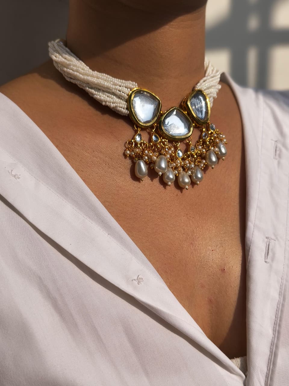 Kundan Statement Choker With Pearl Strand And Drops, Matching Earring - Image 2