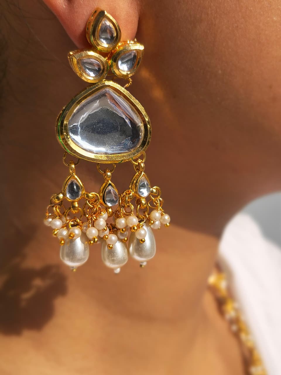 Kundan Statement Choker With Pearl Strand And Drops, Matching Earring - Image 3