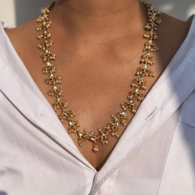 Kundan And Pearl Cluster Chain Necklace
