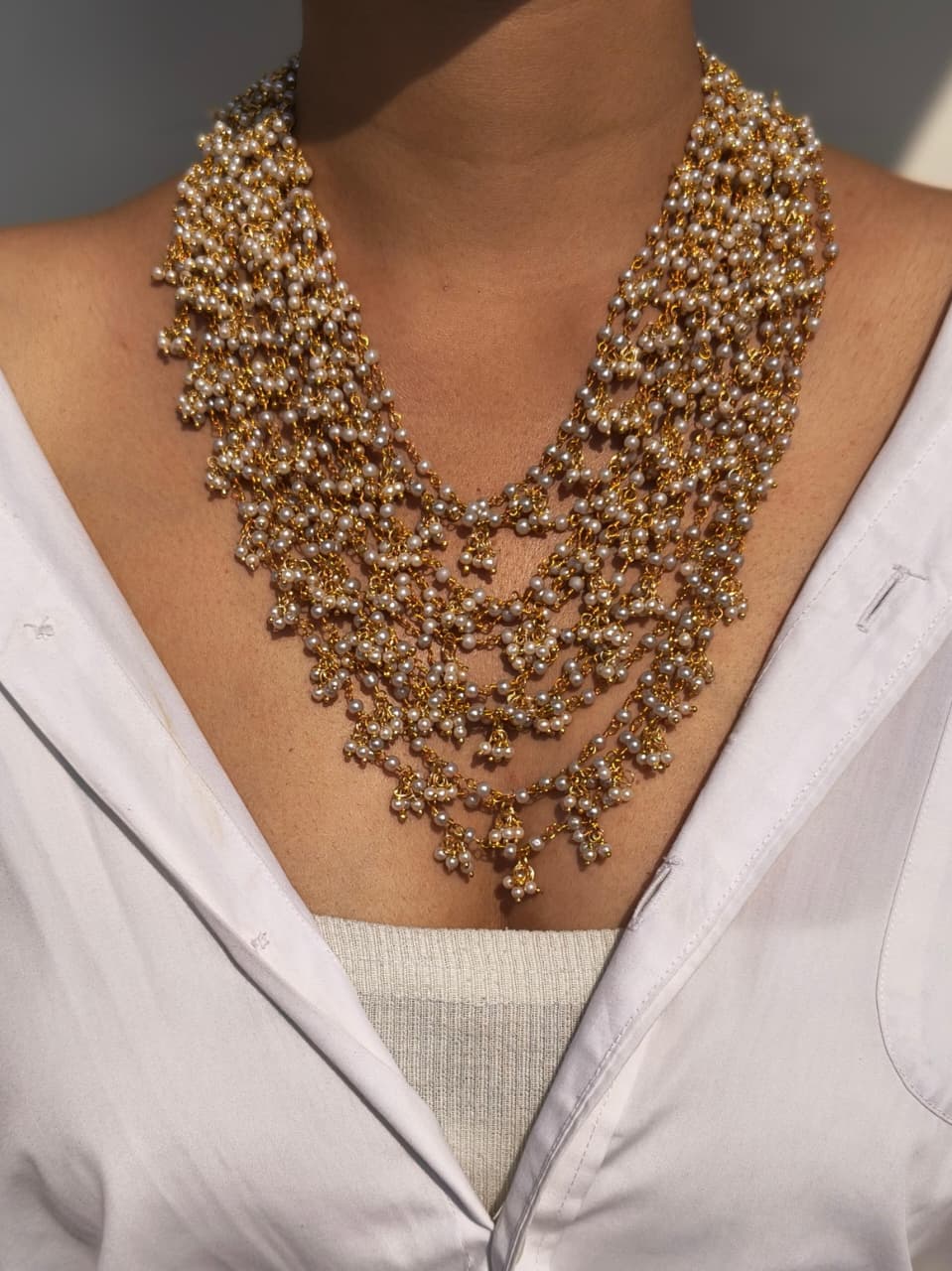 Multi-Strand Pearl Cluster Bib Necklace With Gold Chain - Image 3