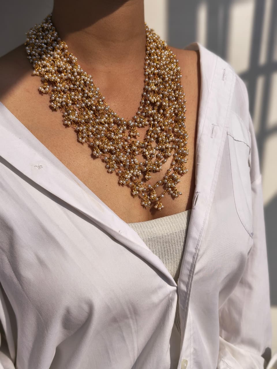 Multi-Strand Pearl Cluster Bib Necklace With Gold Chain - Image 2