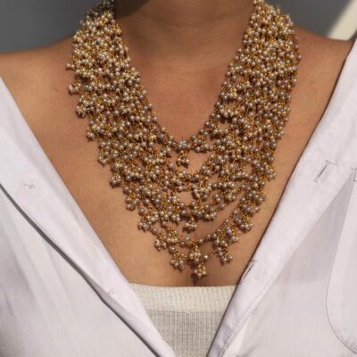Multi-Strand Pearl Cluster Bib Necklace With Gold Chain