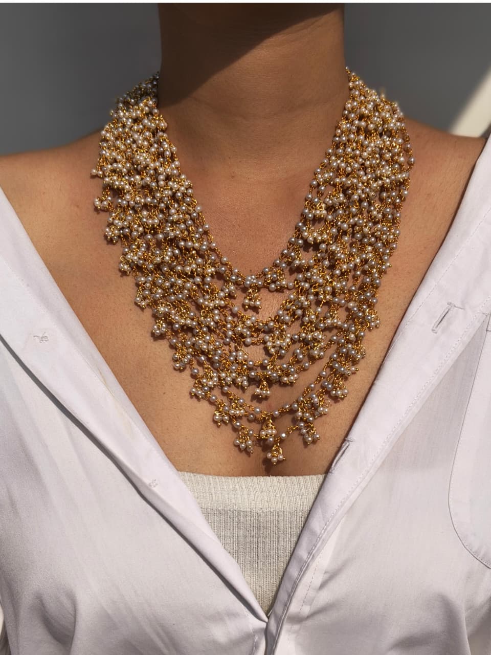 Multi-Strand Pearl Cluster Bib Necklace With Gold Chain